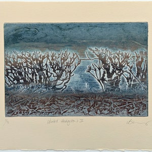 Winter Hedgerow collagraph print on cream cotton paper image 1