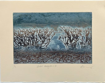 Winter Hedgerow collagraph print on cream cotton paper