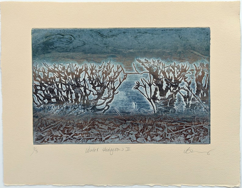 Winter Hedgerow collagraph print on cream cotton paper image 1