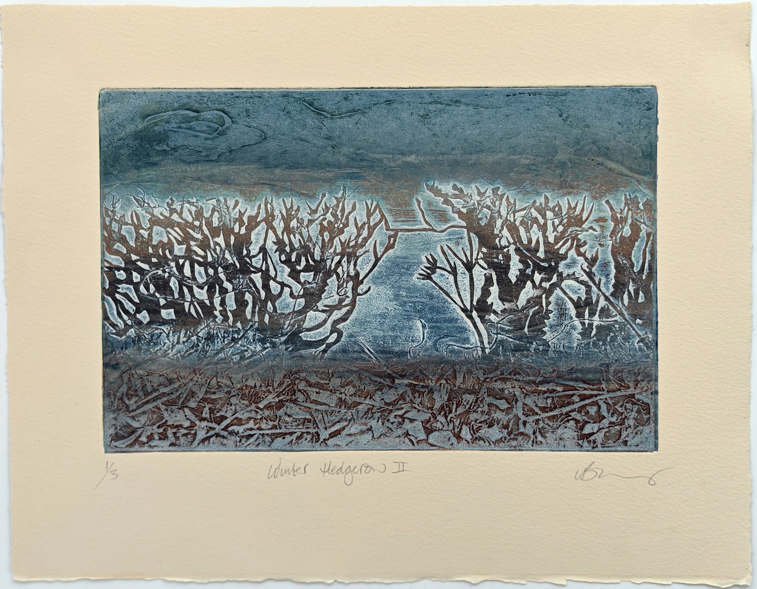Winter Hedgerow collagraph print on cream cotton paper
