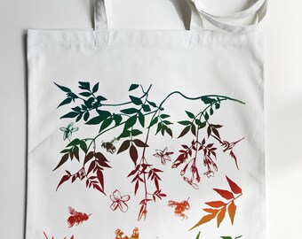 Screenprinted white cotton tote bag. Jasmin and bees. Hand printed Reusable Shopping Bag