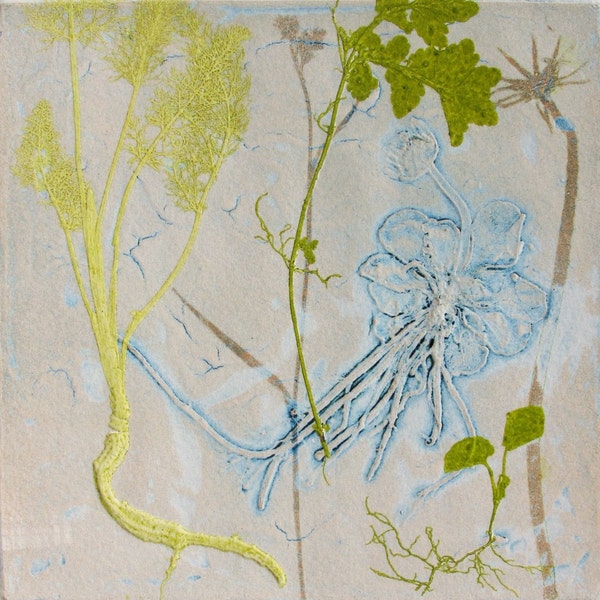 Botanical Collograph mono print. Hand pulled print, Pastel pink and green. OOAK.