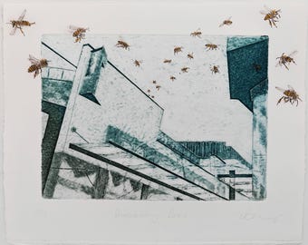 May include: An etching print on paper featuring a teal and white architectural scene of building rooftops and geometric structures. A swarm of detailed honeybees is depicted flying across the composition, layered over the building imagery.
