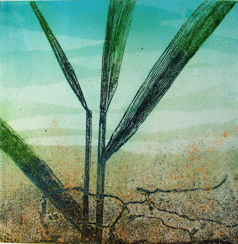 Copper plate Etching. Fine art. Reeds and rusty soil. Limited variable edition. image 1