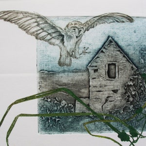Barn Owl with Devon Barn. Collagraph, drypoint and monoprint image 3