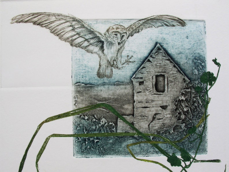 Barn Owl with Devon Barn. Collagraph, drypoint and monoprint image 3