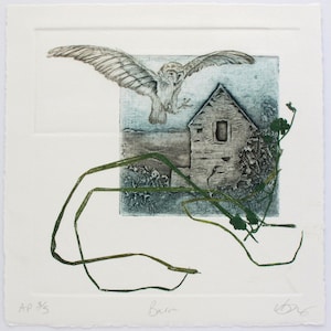 Barn Owl with Devon Barn. Collagraph, drypoint and monoprint image 1
