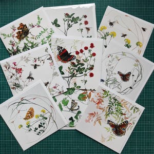 May include: A collection of square art prints featuring botanical illustrations of butterflies, bees, and wildflowers. The prints showcase detailed depictions of insects and plants in various colors, set against a white background. The prints are arranged on a green grid.