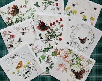 Pack of 4 or 6 greeting cards/notelets. Pick your own from 9 Butterflies, Bugs and Bees. Blank inside.