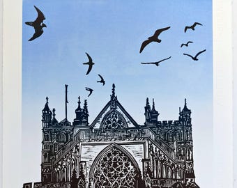 Exeter Cathedral, Linocut. Peregrine, seagulls and swifts