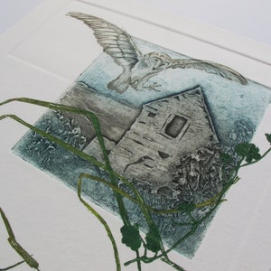 Barn Owl with Devon Barn. Collagraph, drypoint and monoprint image 8