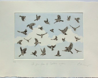 Flock of Sparrows. Fine art bird print. Drypoint with relief ink.