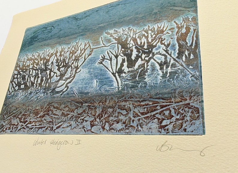 Winter Hedgerow collagraph print on cream cotton paper image 4