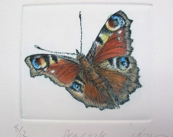 Peacock Butterfly drypoint print. Hand coloured with watercolour. Limited edition