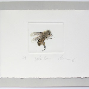 May include: A black and white etching of a bee on a white background. The bee is in the center of the image and is facing to the right. The image is signed "little bee" in the bottom center.