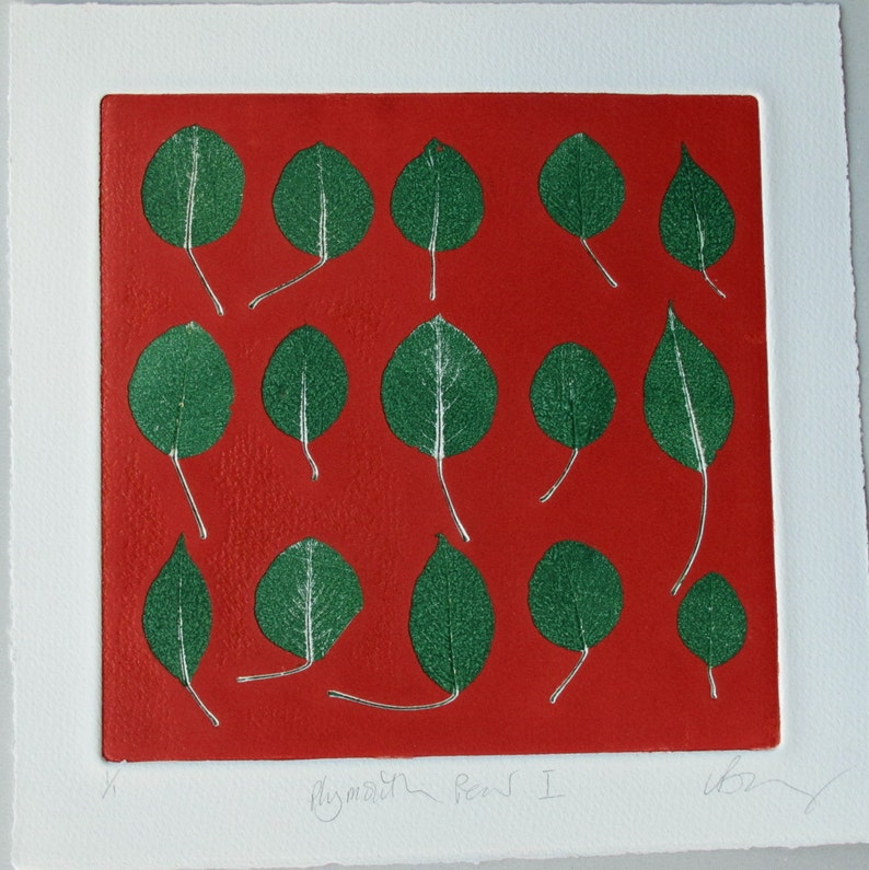 Fine Art botanical print from real leaves. Pear leaves. Hand printed Monotype. OOAK image 1