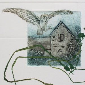 Barn Owl with Devon Barn. Collagraph, drypoint and monoprint image 2
