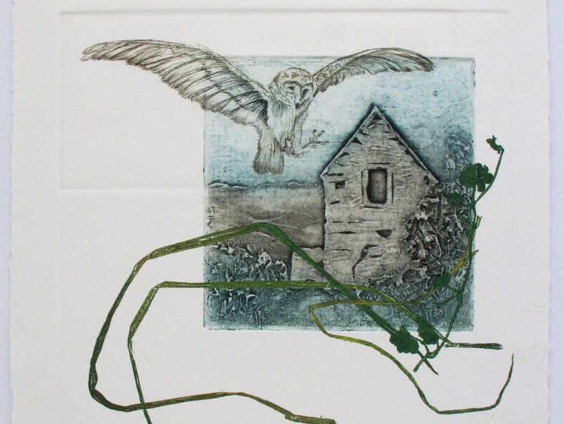 Barn Owl with Devon Barn. Collagraph, drypoint and monoprint image 2