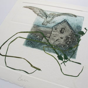 Barn Owl with Devon Barn. Collagraph, drypoint and monoprint image 4