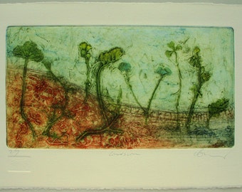 Fine Art Collograph. Ecological landfill regeneration, plants, Hand printed, limited edition.