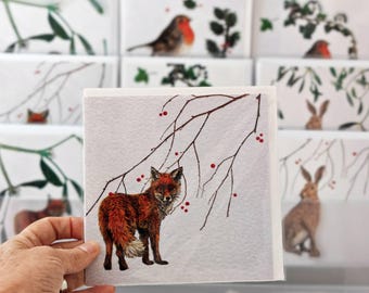 Pack of 4 or 6 Christmas-ish greeting cards. Pick your own from 9 winter festival images. Blank inside.