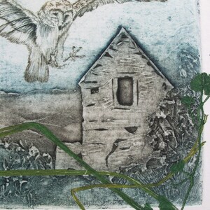 Barn Owl with Devon Barn. Collagraph, drypoint and monoprint image 6