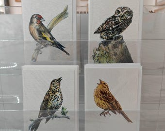 Pack of 4 Greeting cards. British birds rectangular cards