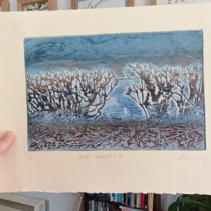 Winter Hedgerow collagraph print on cream cotton paper image 7