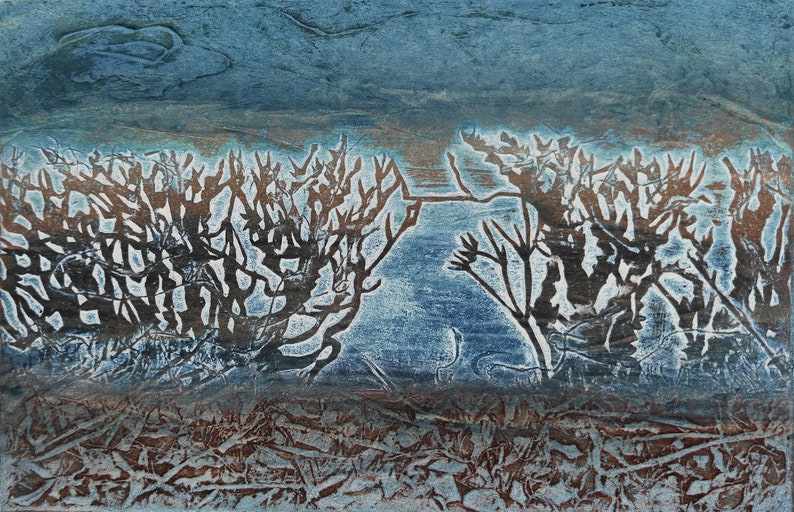 Winter Hedgerow collagraph print on cream cotton paper image 2