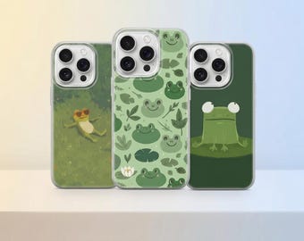 Whimsical Frog Lily Pad Phone Case | Kawaii Case with Sage Green Pattern & Cute Frog Illustration for iPhone 17, 16, 15, 14, 13 Pro Max