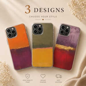 Puede incluir: Tres fundas para teléfono con diseños de arte abstracto. Las fundas tienen bordes transparentes y obras de arte coloridas en naranja, morado, verde, amarillo y rojo. El texto dice "3 DESIGNS" y "CHOOSE YOUR STYLE".