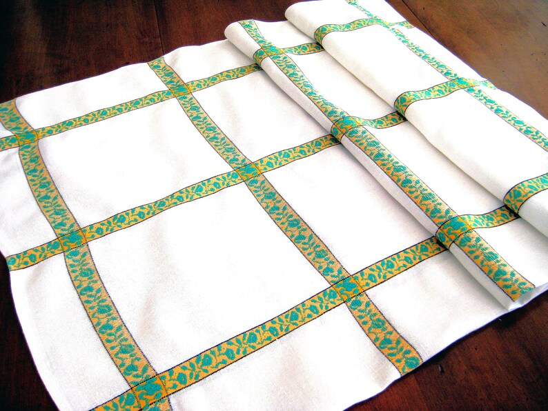 Vintage Belgium Linen Tablecloth 6 Napkins Set in White with Green Yellow Woven Trim VERY EXCELLENT