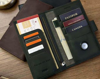 Leather Family Passport Holder with AirTag Slot, RFID Travel Wallet Organizer, Personalized Gift for Men Women Travel