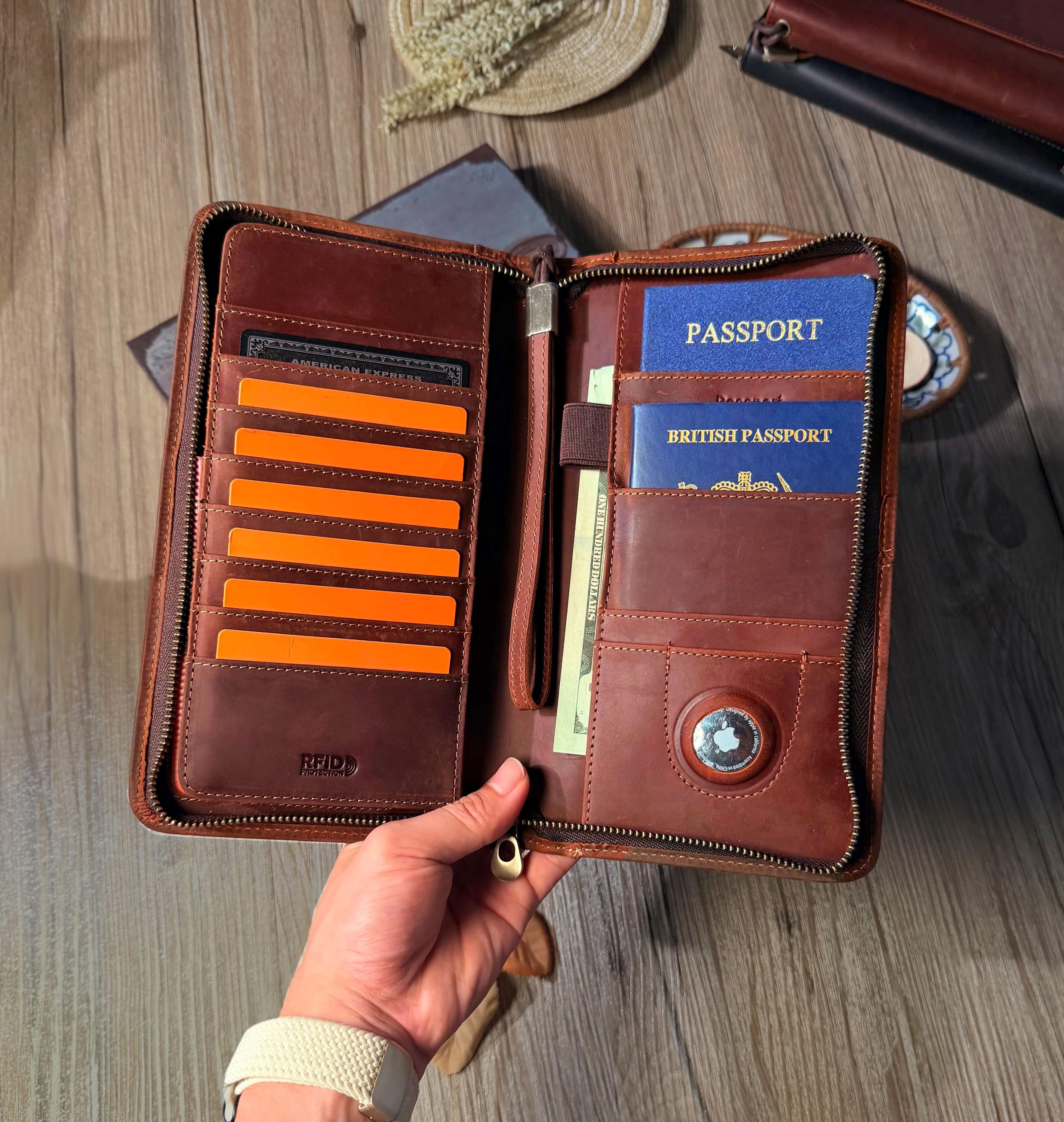 Personalized Leather Family Passport Holder, 6 Passports, AirTag Slot, RFID Travel Wallet