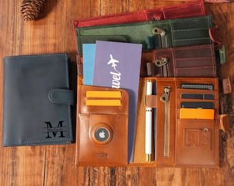 Personalized Leather Passport Holder with AirTag Slot, RFID Blocking Travel Wallet