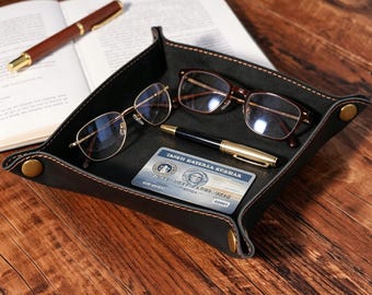 Personalized Leather Valet Tray | Custom Engraved Catchall Desk Tray | Gift for Him Men