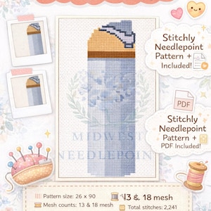 May include: Digital download needlepoint pattern with the text "Digital Download" and "Instant Access on Etsy!". The pattern includes a design with blue and tan colors. Finished size is 1.4 x 5.0 inches.