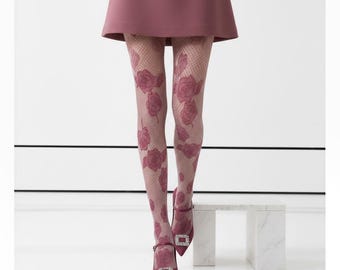 Medias de rejilla con estampado floral vintage de rosas, medias de encaje rosa coquetas, elegantes medias estampadas, medias de moda para citas románticas nocturnas para mujer