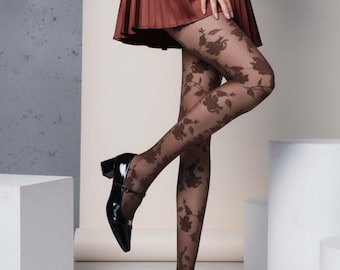 Medias florales oscuras de inspiración vintage, pantimedias transparentes con estampado de rosas, medias retro francesas románticas, elegantes medias bohemias para mujer.