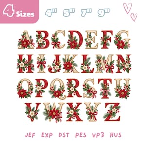 Op de afbeelding: Een digitale alfabetset met de letters A tot en met Z, versierd met rode kerststerren, groene dennennaalden, rode bessen en rode linten. De tekst 4 Sizes en 4", 5", 7", 9" is zichtbaar. Bestandsformaten JEF, EXP, DST, PES, VP3, HUS staan vermeld.