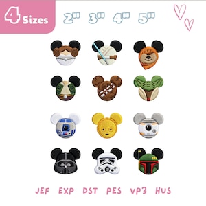May include: Embroidered patches featuring Star Wars characters in a Mickey Mouse ear design. The patches include characters like Darth Vader, Yoda, and Chewbacca. Sizes range from 5.08 to 12.7 cm. The image also shows the text "4 Sizes".