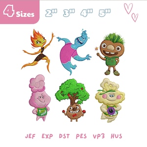 May include: Embroidery designs featuring six whimsical cartoon characters in various colors. The characters include a fire elemental, a water elemental, a plant-like figure, a pink cloud-like figure, a tree-like character, and a cloud-like character with a camera. The image also includes the text "4 Sizes".