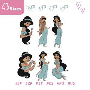 May include: Six machine embroidery designs of the character Jasmine in various poses, featuring light blue outfits, dark hair, and gold accessories. Text includes 4 Sizes, 2, 3, 4, 5 inches, and file formats JEF, EXP, DST, PES, VP3, HUS.