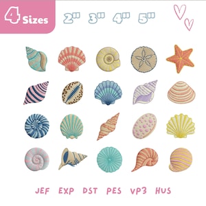 Puede incluir: Una colección de diseños de conchas bordadas en varios colores y patrones. La imagen incluye una pancarta rosa con el texto "4 Sizes" y los tamaños 2", 3", 4" y 5". Las abreviaturas de los tipos de archivo se muestran en la parte inferior.