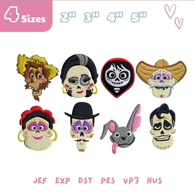 May include: Embroidered patches featuring colorful Day of the Dead-themed designs. The patches include various skull and character faces with details like hats, mustaches, and floral accents. The image also shows the text "4 Sizes" and the file types.