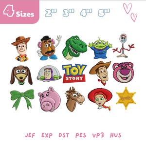 May include: Embroidered patches featuring characters from the Toy Story movie, including Woody, Buzz Lightyear, and Rex. The patches are in various sizes, with the text "4 Sizes" at the top left. The word "Howdy" is on a yellow star-shaped patch.