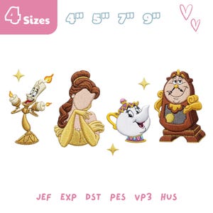 May include: Machine embroidery design featuring four characters from Beauty and the Beast: a golden candelabra, a woman with brown hair in a yellow dress, a white teapot, and a brown clock. Text includes 4 Sizes, 4", 5", 7", 9", JEF, EXP, DST, PES, VP3, HUS.