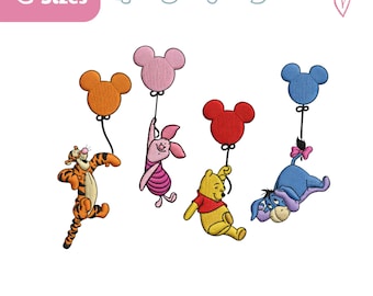 Paquete de diseños de bordado de personajes de Pooh y sus amigos, archivo de bordado de globo de Winnie the Pooh, vacaciones familiares, viaje familiar, bordado de Disneyland