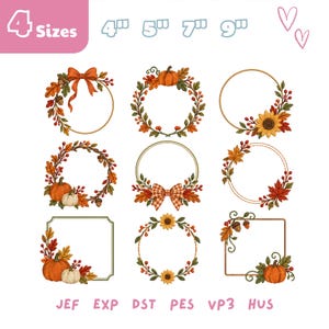 May include: A digital collection of nine autumn-themed embroidery designs featuring circular and square frames decorated with pumpkins, sunflowers, oak leaves, acorns, and berries. Text includes 4 Sizes, 4", 5", 7", 9", JEF, EXP, DST, PES, VP3, HUS.