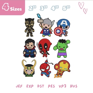 Peut inclure: Une collection de personnages de super-héros de style dessin animé, dont Black Panther, Thor, Captain America, Doctor Strange, Deadpool, Hulk, Loki, Spider-Man et Iron Man. L'image affiche également le texte "4 Tailles" et les mesures en pouces.